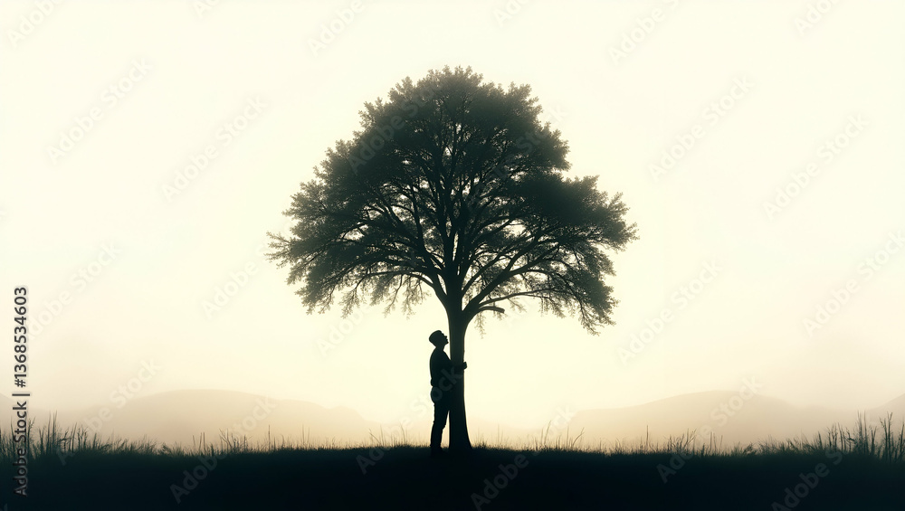 Poster double exposure: silhouette of a person intertwined with a tree canopy - symbolizing forest preserva