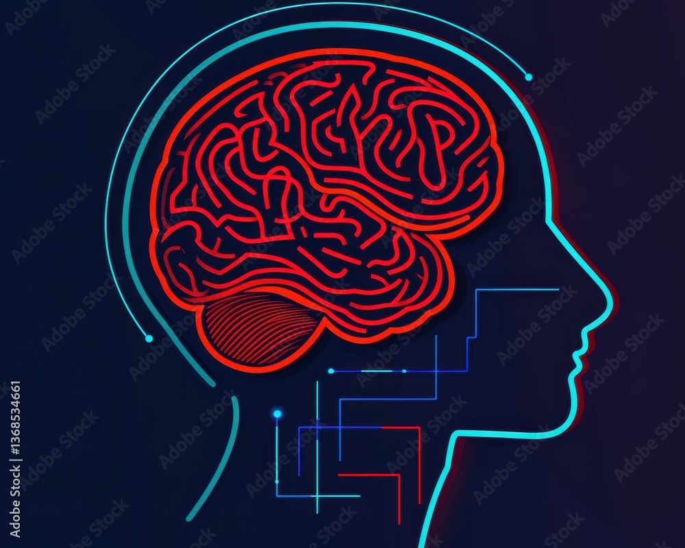 Poster a vibrant illustration of a brain with intricate patterns set against a dark background, symbolizing