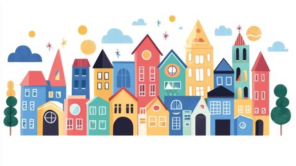 Colorful illustration of a whimsical town with diverse buildings and cheerful weather elements in a playful design.
