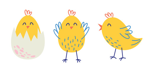 Cute Easter chicks set. Vector yellow birds illustrations set isolated on white background.