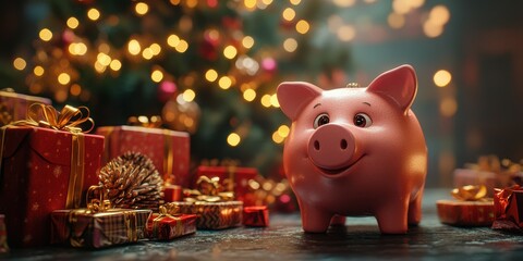 Piggy bank stands amidst Christmas gifts and decorations, creating a festive and cheerful atmosphere in a cozy setting