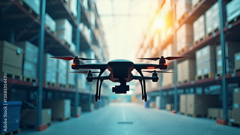Poster 3d flat icon: drone & warehouse map for automated inventory checks