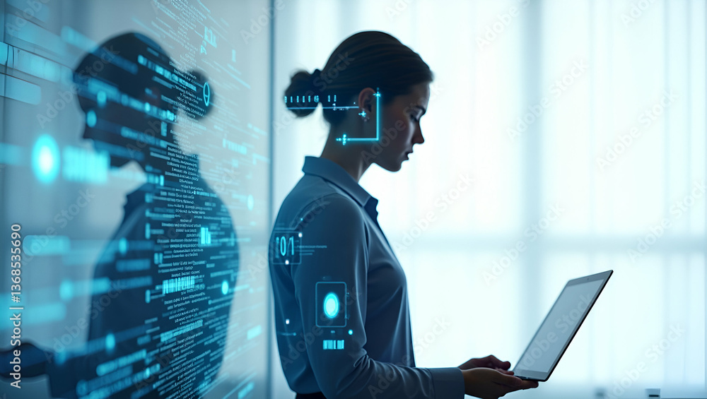 Poster 3d flat icon as silhouette of a person and a digital interface symbolizing digital innovation in dou