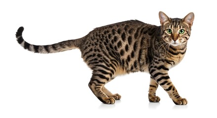 Obraz premium Stunning Bengal cat showcasing its beautiful rosetted coat while standing against a white background.