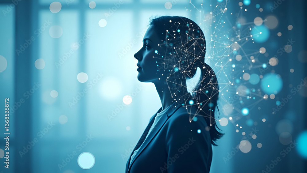 Poster 3d flat icon: silhouette of a person merged with digital network - symbolizing connectivity and inno