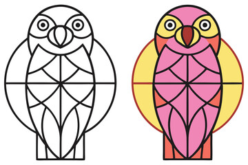 Line Art Owl Design with Colorful Version and Transparent Background