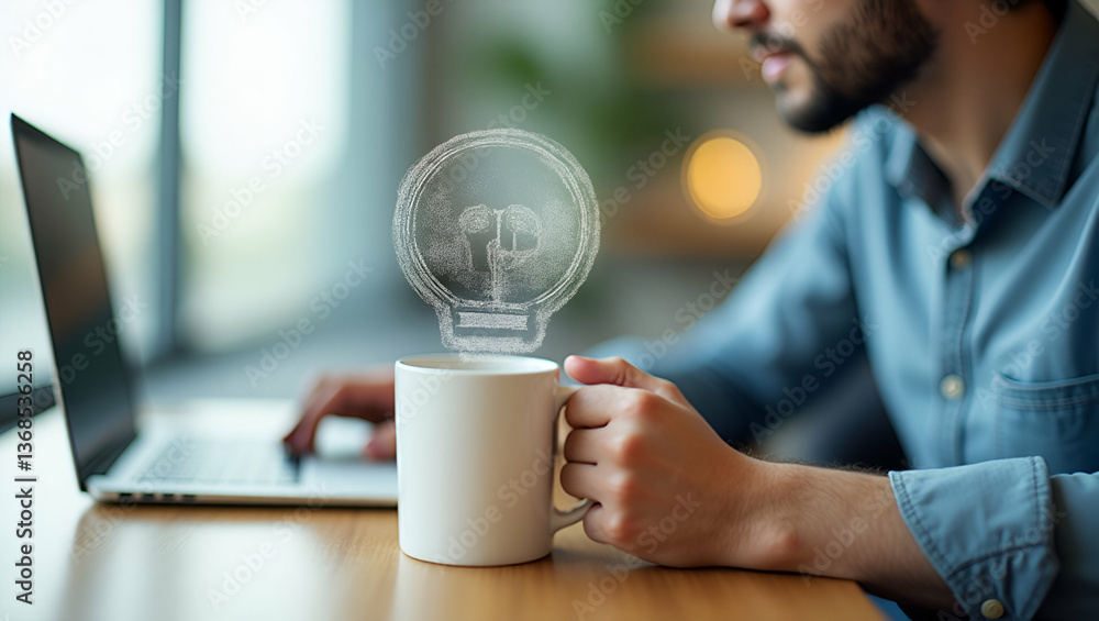 Poster 3d flat icon of a person in a modern study room with laptop and coffee mug: symbolizing efficient re