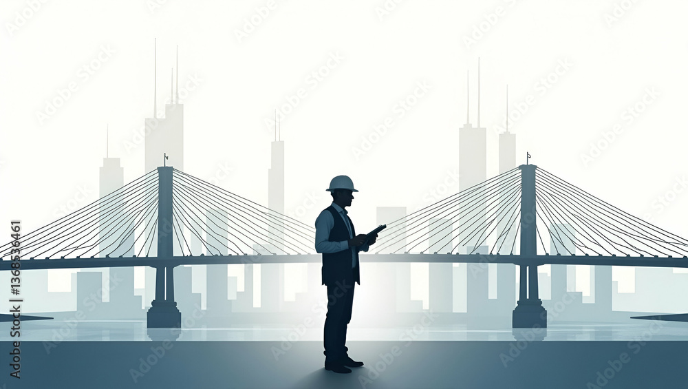 Aufkleber 3d flat icon: silhouette of architect merged with bridge blueprint - symbolizing structural design a