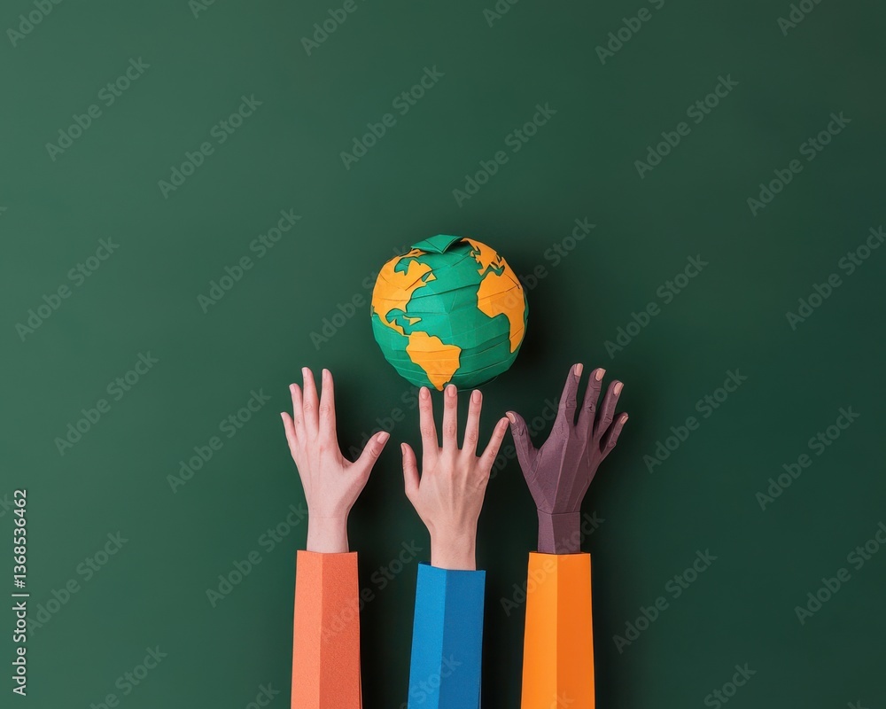 Poster colorful hands reaching for a globe, symbolizing unity and diversity in a creative representation of