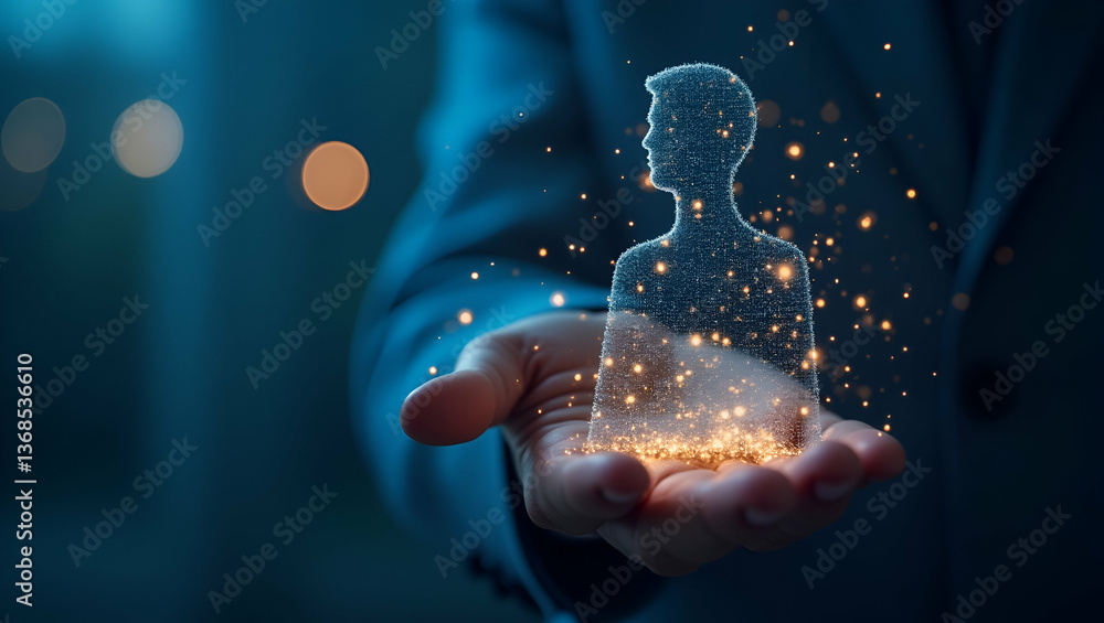 Poster 3d flat icon as person and a microchip symbolizing electronic innovation in double exposure with cop