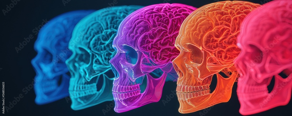 Poster a vibrant illustration of stylized skulls showcasing colorful brains, emphasizing the connection bet