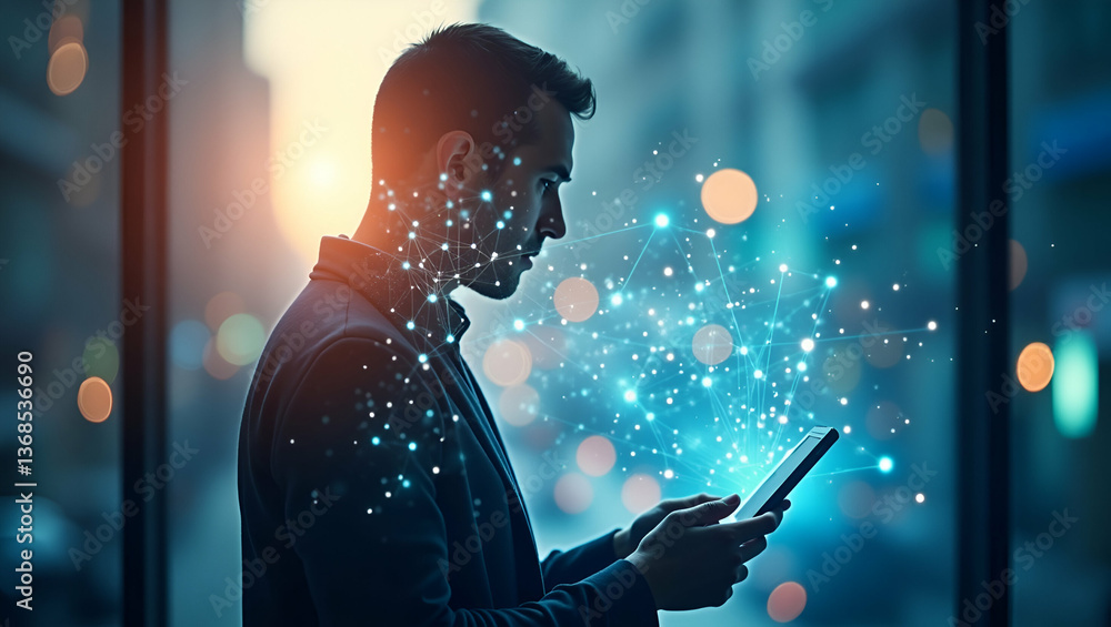 Poster silhouette of a person and a digital network symbolizing connectivity and innovation in double expos