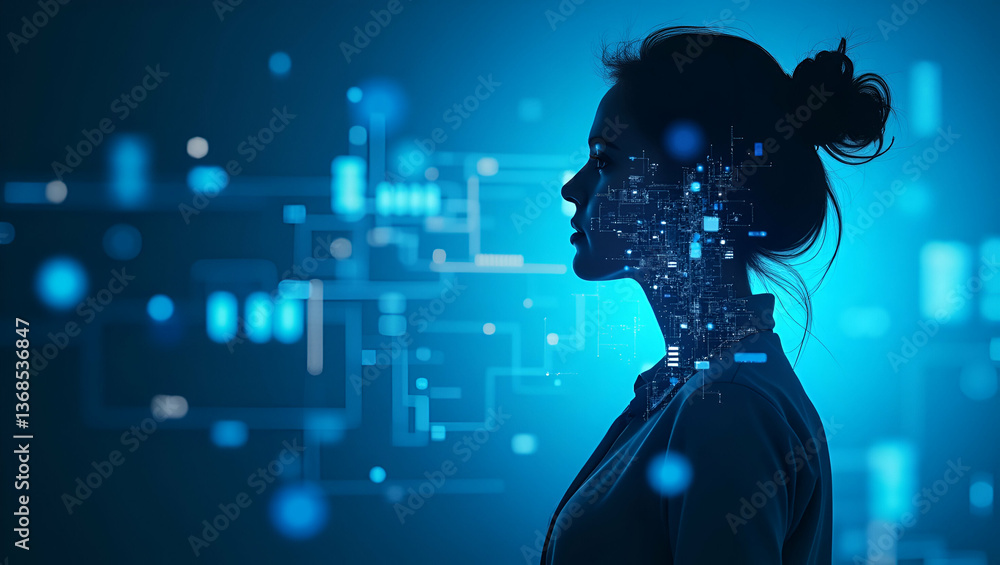 Poster silhouette of a person merged with digital blueprint: a modern design concept showcasing technologic