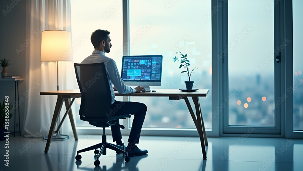 Poster efficient work from home setup: a minimalist home office with ergonomic chair and digital interface 