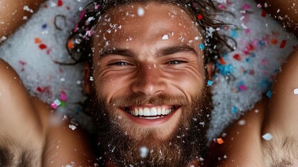 Fototapeta premium Man joyfully relaxing in a bubbly bath filled with confetti