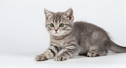Gray tabby kitten with green eyes crouches on a white background in a playful pose showcasing its soft fur and detailed markings