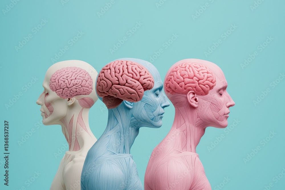 Poster three anatomical models showcase human heads with visible brains, highlighting the complexity of hum