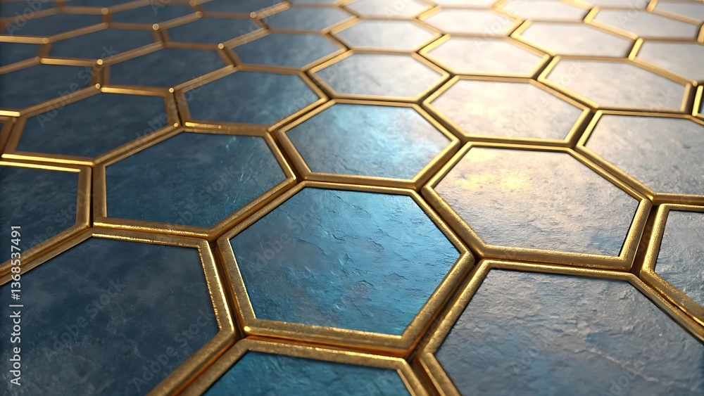 Poster abstract geometric hexagon pattern with golden edges on a textured surface, ideal for modern backgro