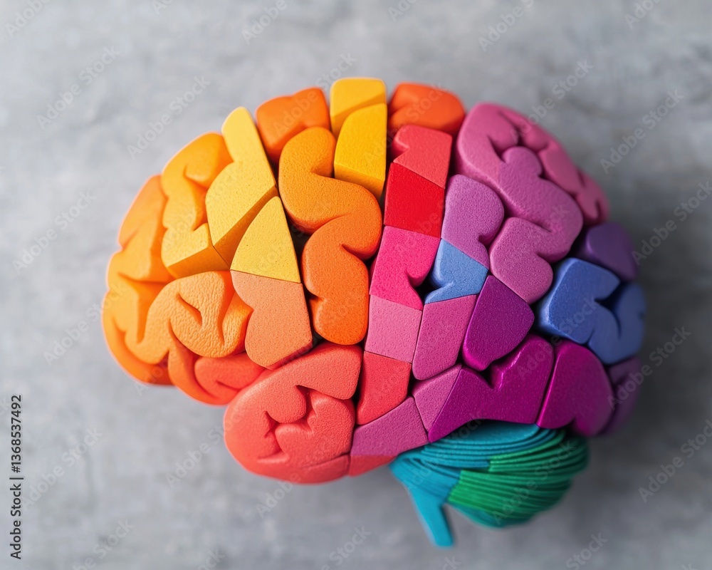 Poster a colorful, artistic representation of a brain made from foam pieces, symbolizing creativity and cog