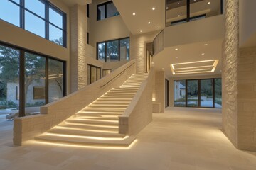 Obraz premium Modern Interior with Elegant Staircase and Ambient Lighting in Home