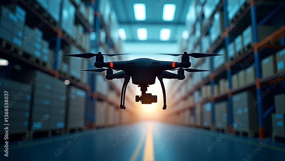 Aufkleber silhouette of a warehouse drone and an operational dashboard symbolizing automated inventory audits 