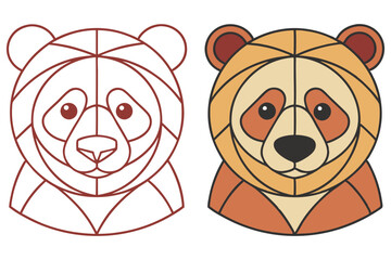 Stylized Panda Head Outlines Illustration, Brown Line Art and Color Fill Version