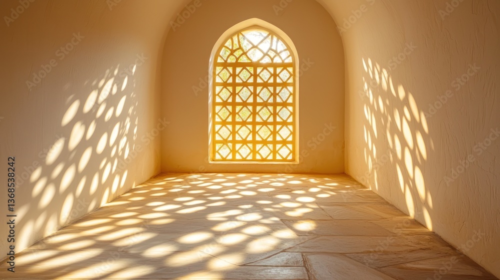 Poster sunlight streams through an arched window, casting intricate patterns on the floor