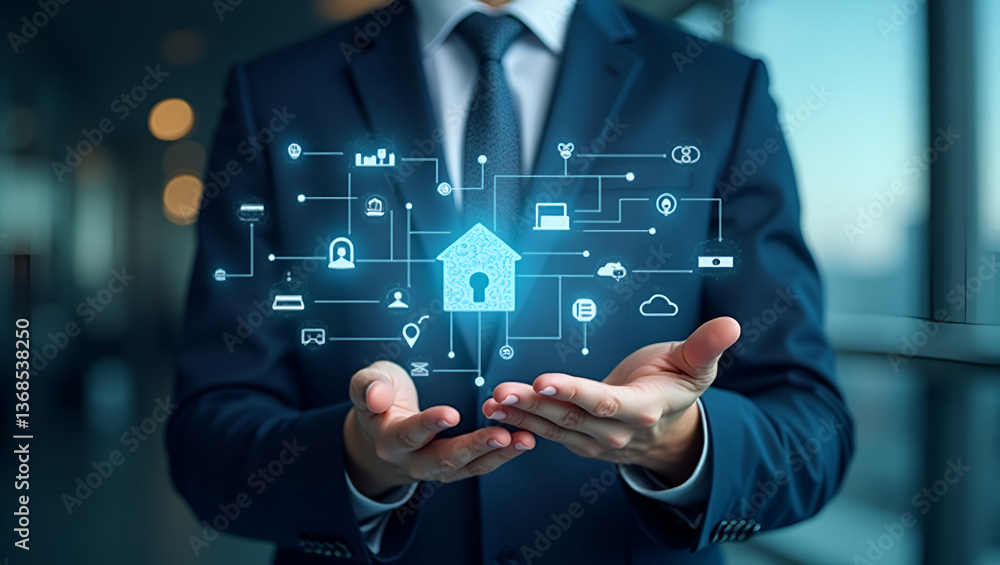 Poster 3d flat icon as businessperson with digital communication tools and tech overlay symbolizing tool dr