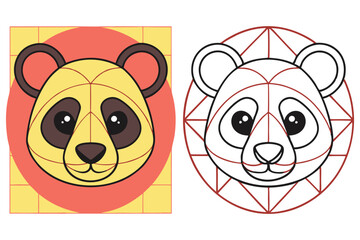 Flat Cartoon Panda Bear Outline and Colored Style, Childlike, Cheerful, Cute Face