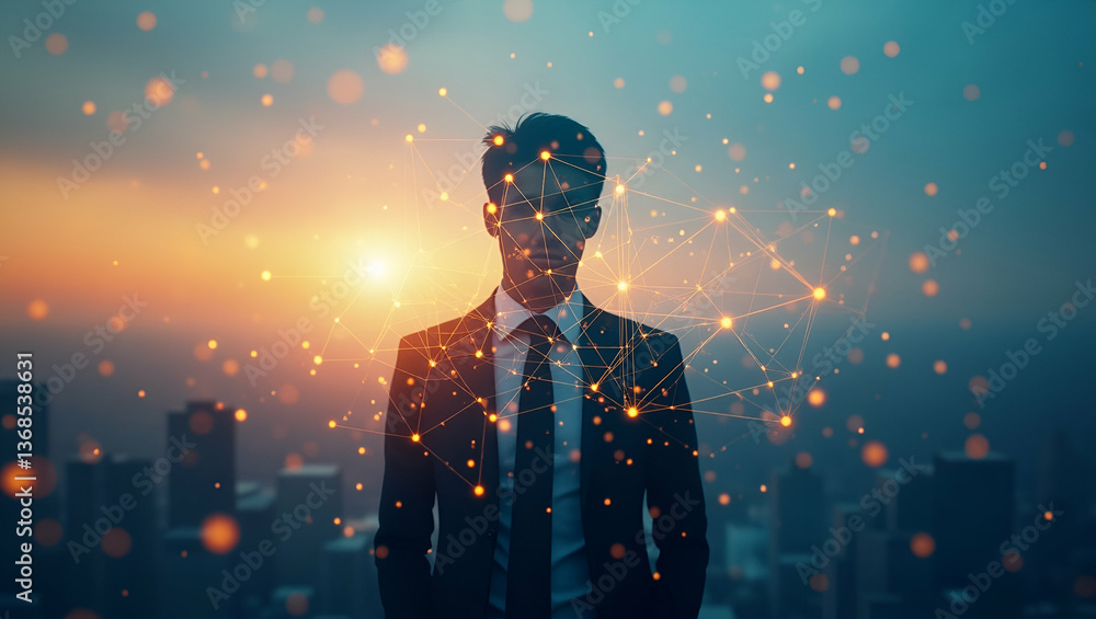 Poster 3d flat icon: silhouette of a person merged with digital network symbolizing connectivity & innovati