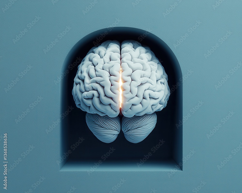Poster an artistic representation of a brain, creatively placed within an archway, showcasing intricate det