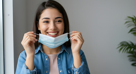 Smiling Young Woman Removing Face Mask Indoors with Hopeful Expression