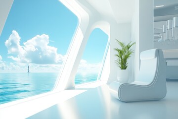 Fototapeta premium Modern Interior with Stunning Ocean View and Bright Natural Light
