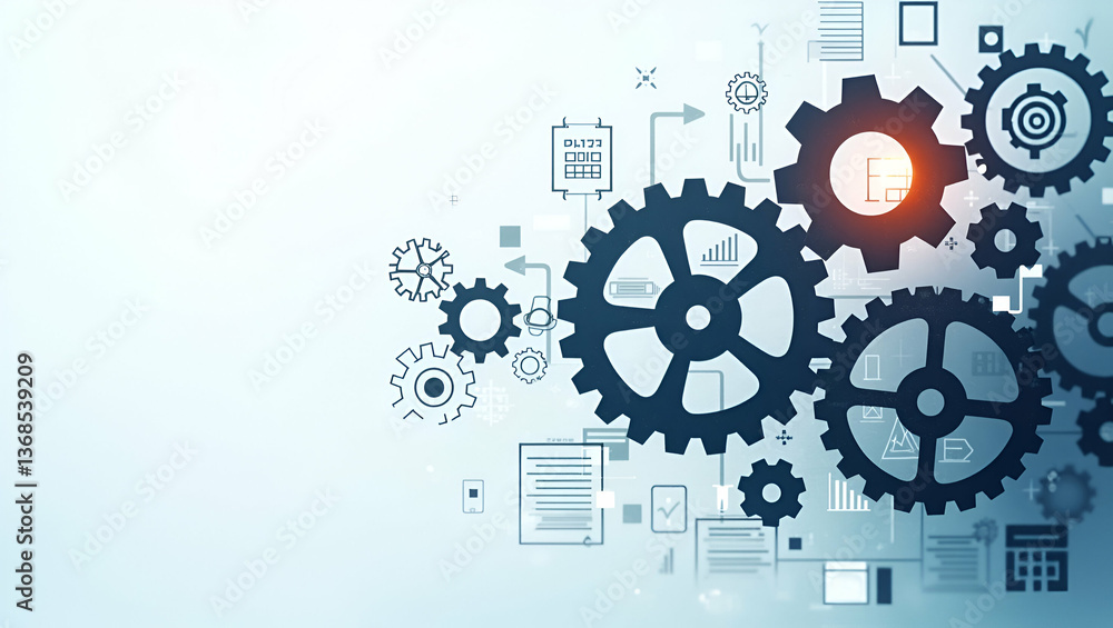 Poster 3d flat icon: overhead view of business workflow with gears & digital tools for innovation