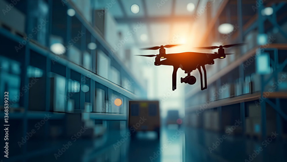 Poster silhouette of a warehouse drone and a logistics software symbolizing automated inventory optimizatio