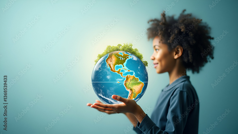 Aufkleber global unity and sustainability: a double exposure of a person and globe with copy space for your me