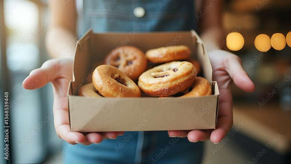 Poster person with a bakery pastries and takeout box overlay symbolizing american bakery shopping in double