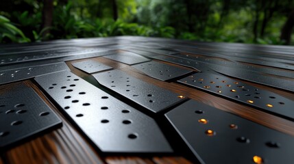 Abstract geometric pattern of dark metal plates with tactile dots arranged on a wooden surface, suggesting technology and accessibility