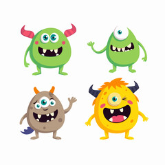 Monster set line. Colorful silhouette monsters. Happy Halloween. Cute kawaii cartoon funny boo character. Different face. Teeth, eyes, horns, hands. Childish style. Flat design White background Vector