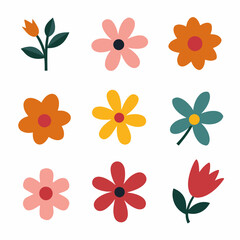 Fototapeta premium Flowers icon Set. Color vector illustration. Different flowers with green leaves vector illustration. Logo symbols for ui design and business promotion 
