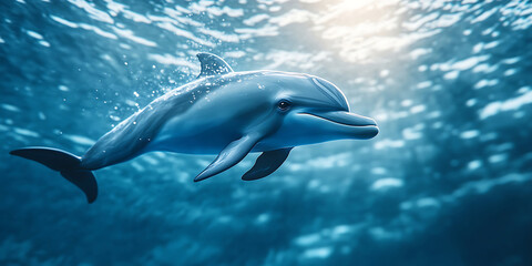 Fototapeta premium Baby Dolphin Swimming Through a Sea of Light Background for Fantasy Ocean Art, Magical Water Scenes, or Dreamlike Designs