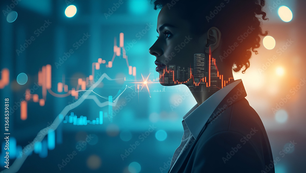 Poster 3d flat icon of a persona merged with trend graph and stock report: visualizing market insights and 
