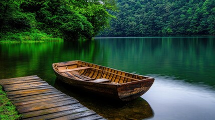 Obraz premium Tranquil Lake Serenity: Wooden Rowboat Docked at a Picturesque Lakeside