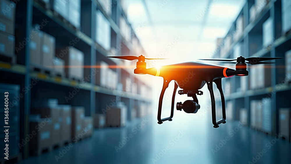 Aufkleber double exposure: drone silhouette & warehouse map for spatial optimization in inventory management