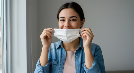 Smiling Young Woman Removing Face Mask Indoors with Hopeful Expression