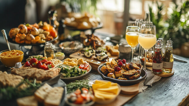 A table laden with various foods including fruits cheeses and pastries with drinks in tall glasses