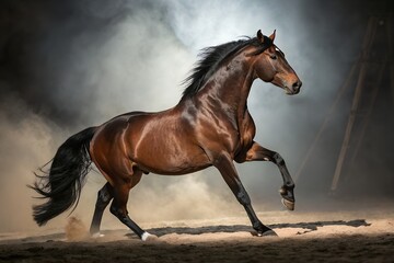 Fototapeta premium Dark Bay Horse Galloping in Dramatic Lighting – Symbol of Strength and Elegance