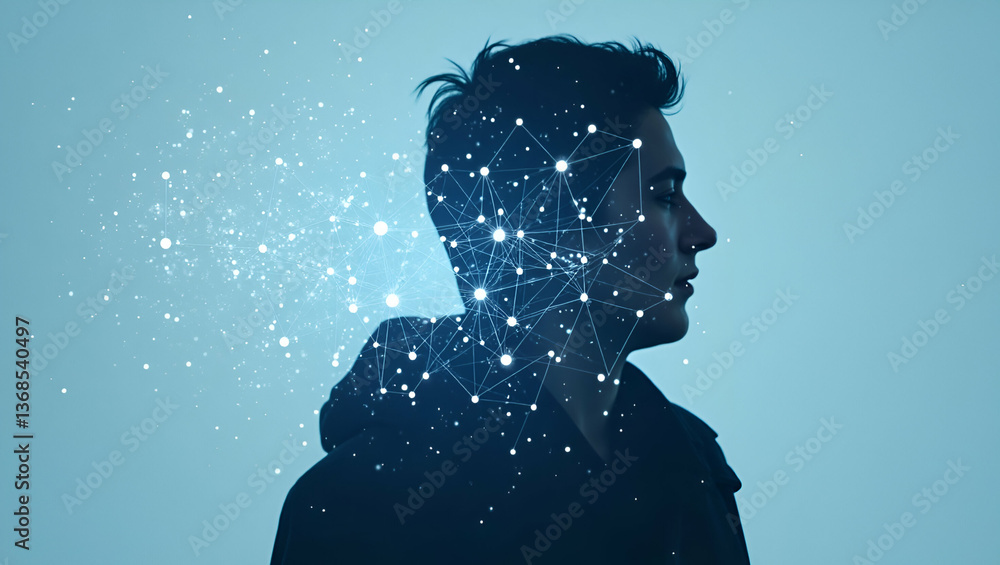 Poster 3d flat icon as silhouette of a person and a digital network symbolizing connectivity and innovation