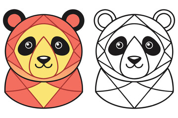 Two Panda Heads, One Colored with Geometric Pattern, Another Outlined on White