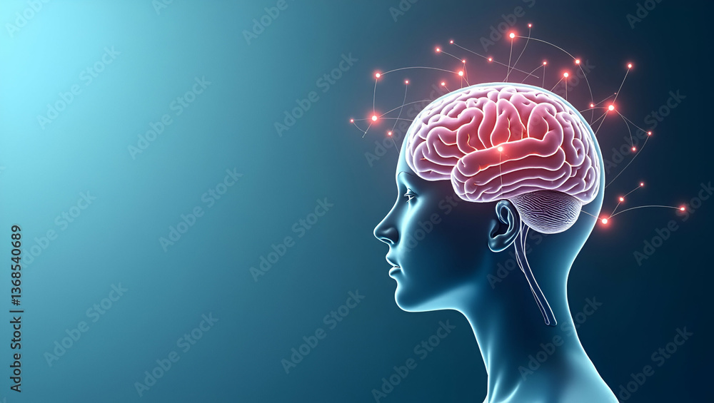 Poster 3d flat icon of a person and brain: symbolizing innovation and creativity in double exposure with co